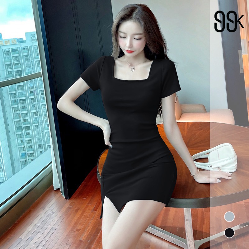 Bodycon Sexy Mini Dress Square Neck Dress Wanita Lengan Pendek 1327 (S-XL)