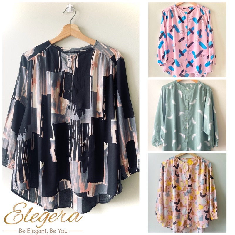 Blouse Wanita Motif Bunga Lengan Panjang Kerut Kancing Depan-1