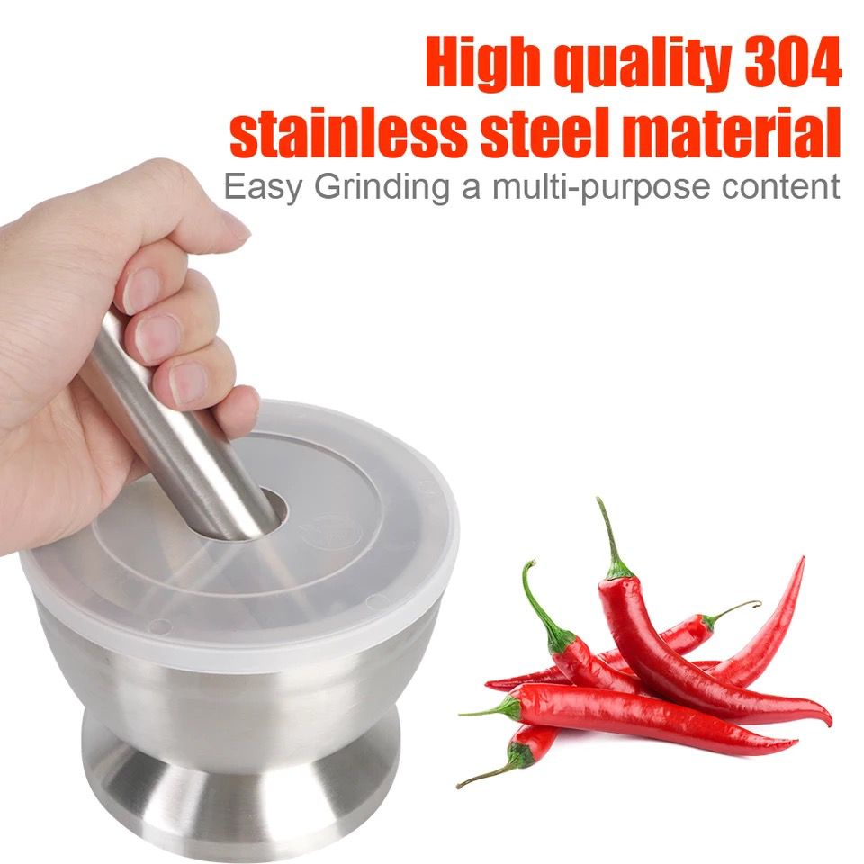 mortar pestle premium stainless steel free cover silicone / ulekan bumbu dapur obat apotek pharmacy / cobek tumbukan stainless garlic pressure kitchen