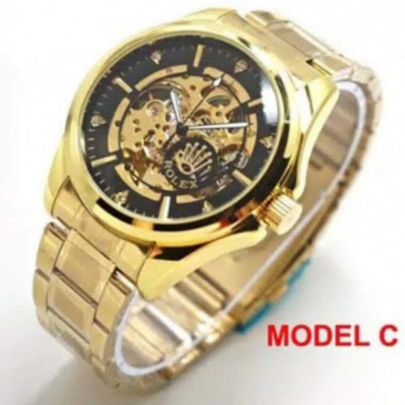 Jam Rolex Pria Original Automatic Stainless Stell Rantai Super FullGold Skeleton Transparan 4,5.Cm (