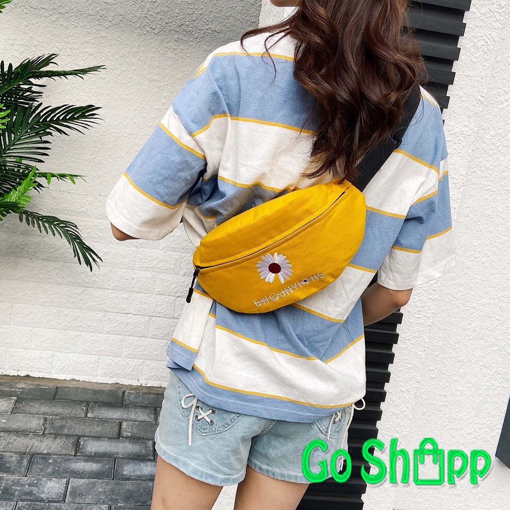 Waist Bag kanvas Motif Bunga Krisan Bordir - Tas Pinggang Kanvas Import - Waistbag Korea [WB03]