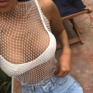 Image of Bling Crystal Rhinestone Mesh Hollow Out Neon Top Sexy Fishnet See Through Tank Top Summer Beach Par