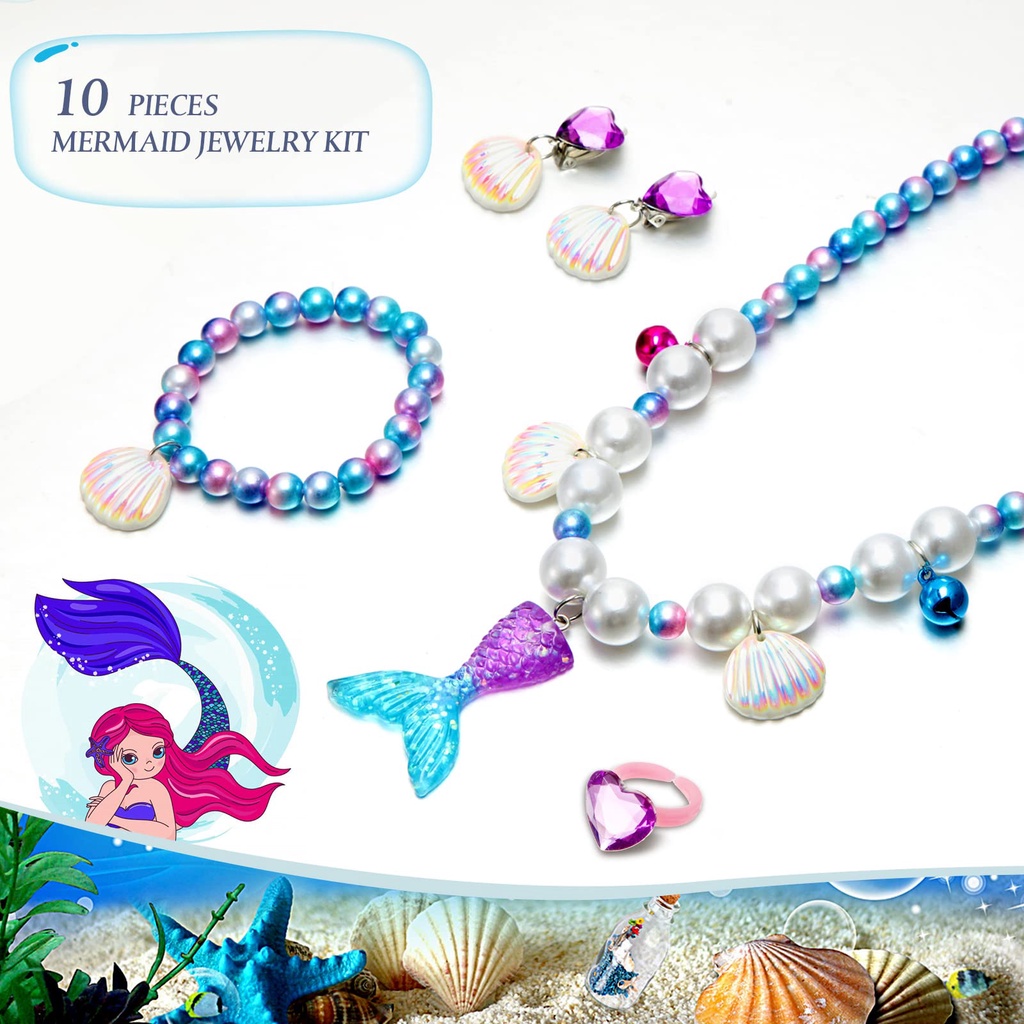 5pcs Mermaid Set Aksesoris Princess Kalung Gelang Cincin Mutiara Anting Anak