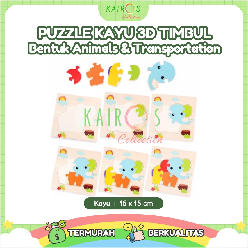 Puzzle Jigsaw Kayu 3D Timbul Motif Binatang Kendaraan Lucu