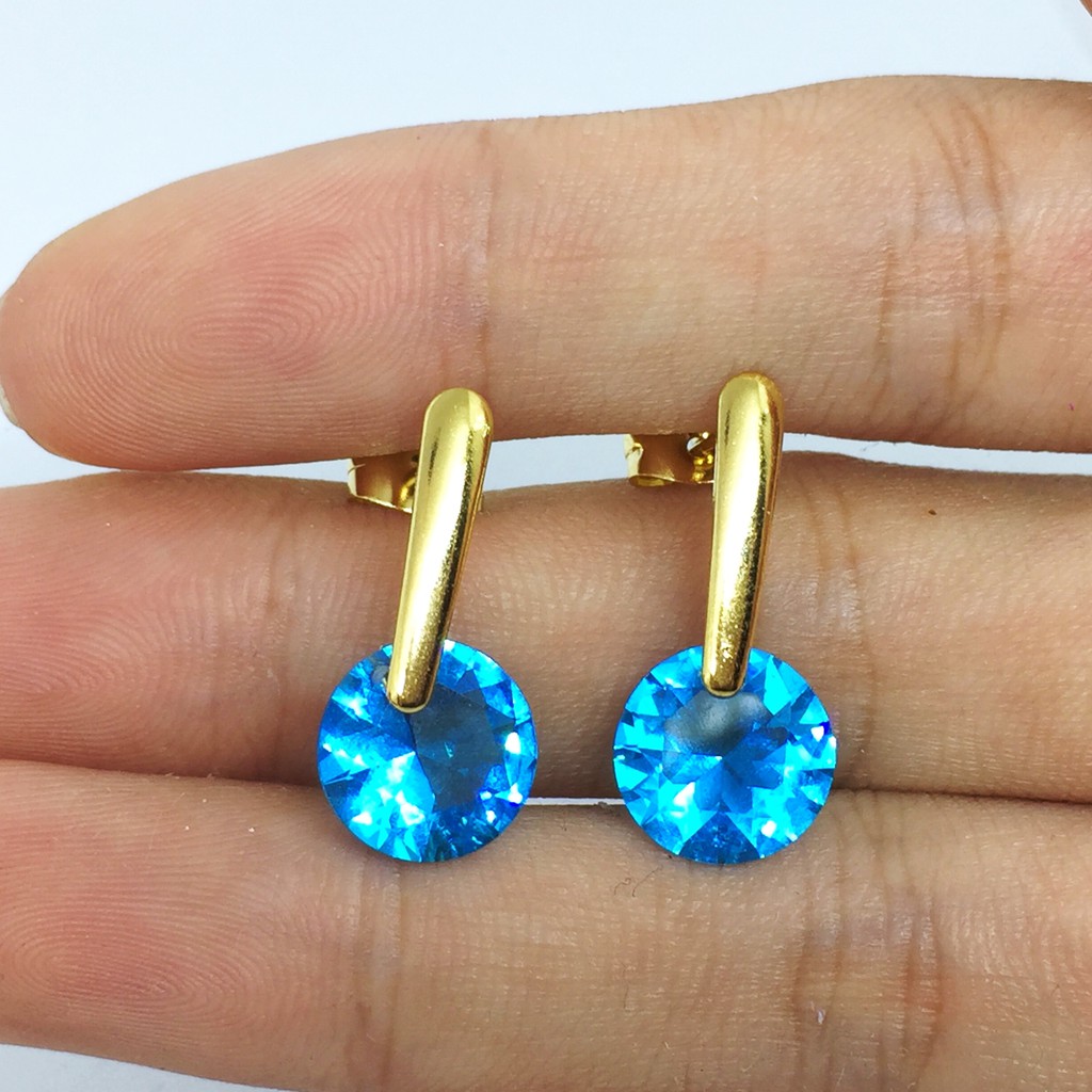 Anting Stainless Steel Lapis Emas 18k Gold Kaku Batu Biru Muda BE123B