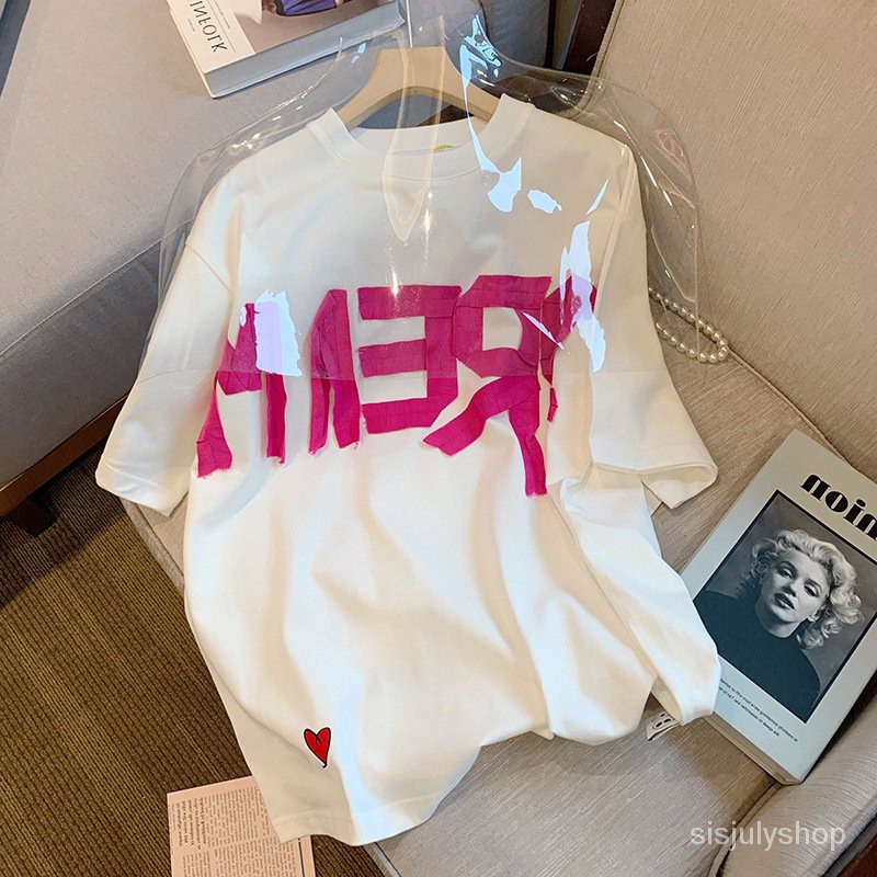 [✅BISA COD] Huruf PutihTKorea Fashion Style T-Shirt Longgar dan Malas Gaya2022Musim Semi Baru Niche Lengan Pende