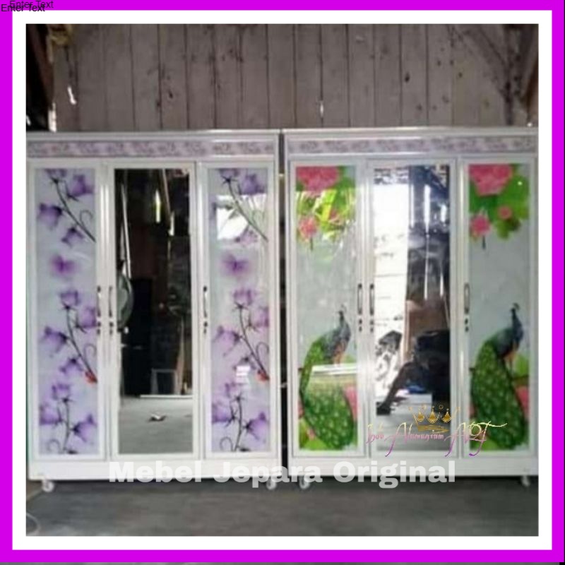 Lemari Baju - Lemari Pakaian Pintu 3 Kaca Motif Unik Bahan Alumunium