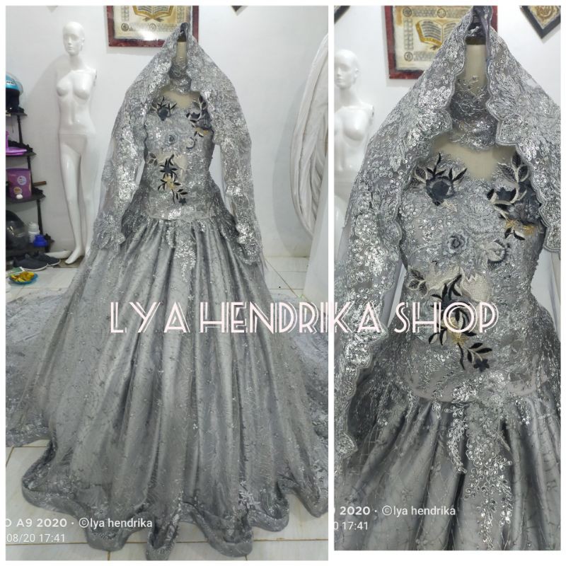 Gaun pengantin ekor tile akar mutiara+kerudung+sayap