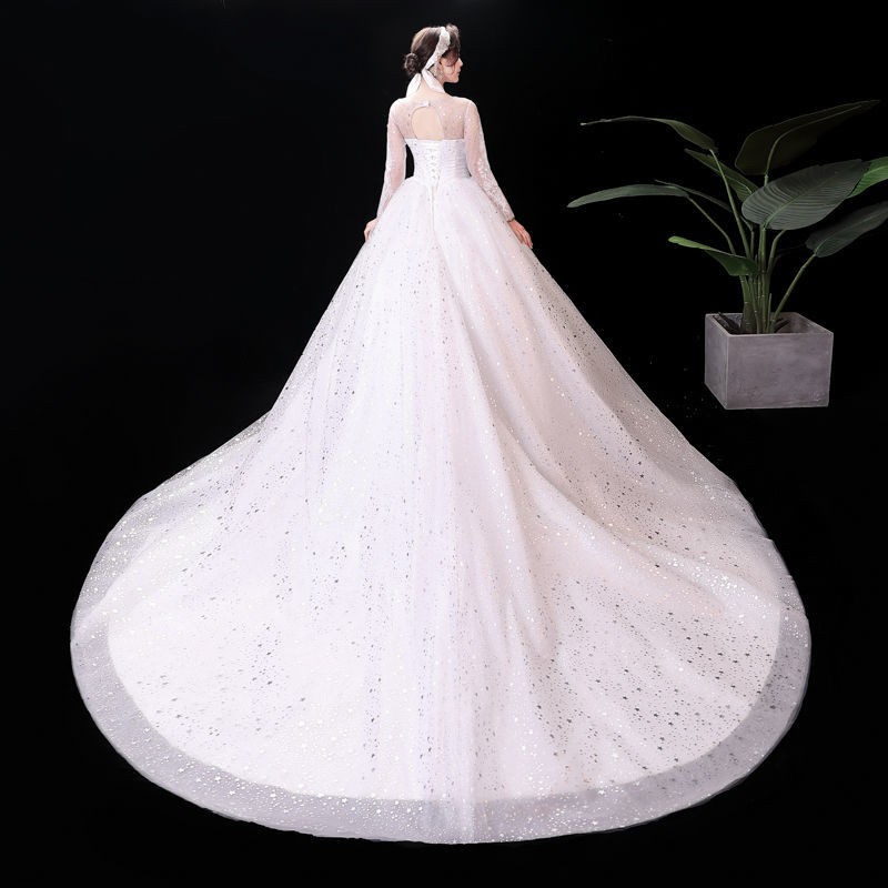 151 White Long Sleeve Long Tail Round Collar Bling Bling Women Wedding Party Gown Dress Bridal Gaun