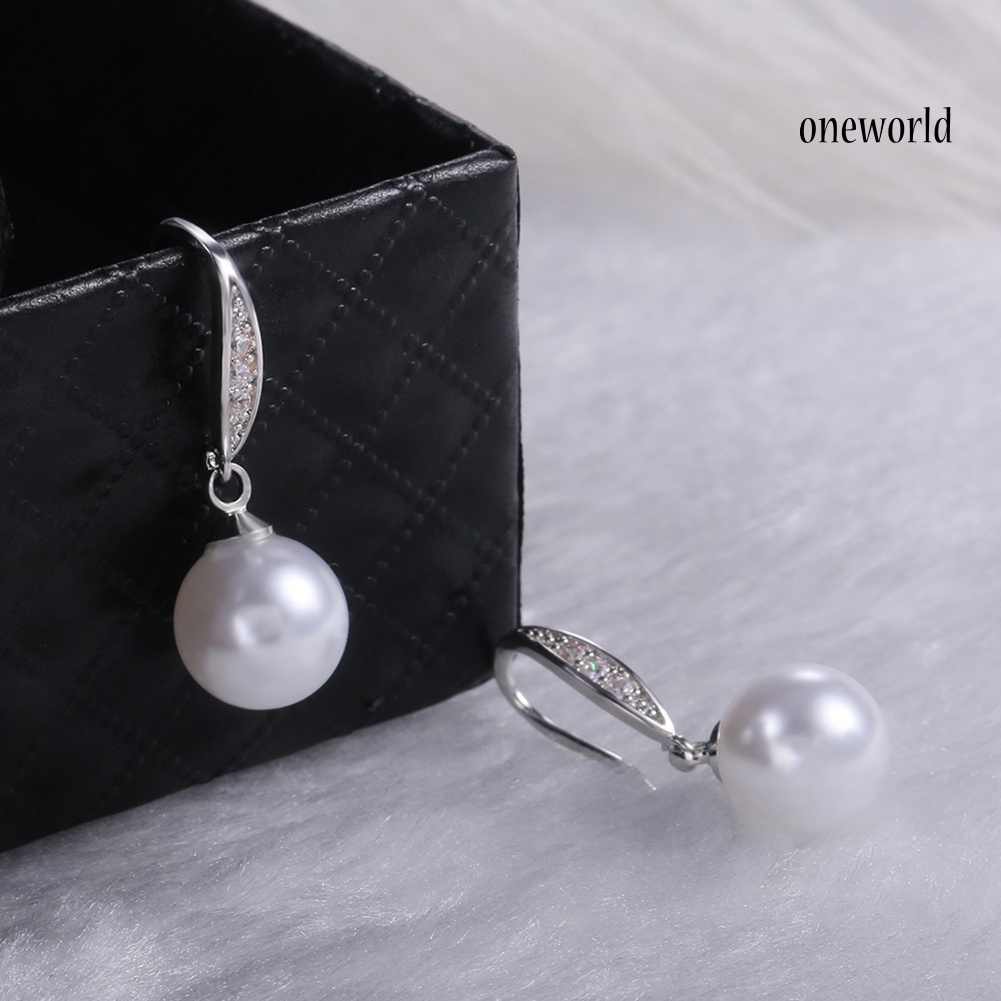 OW# Elegant Women Rhinestone Inlaid Faux Pearl Dangle Hook Earrings Jewelry Gift