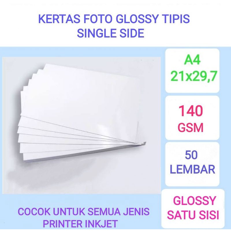 

50 lembar kertas foto glossy 140 gsm ukuran A4/kertas foto tipis mengkilap satu sisi