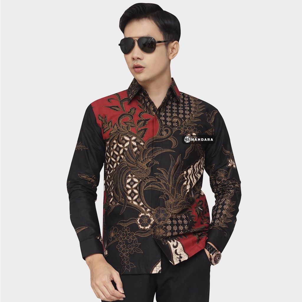 Baju Kemeja Batik Pria Lengan Panjang Slim Fit Premium Modern Full Furing Katun Halus Original Handara Motif Peksi Abang Ireng HB-258