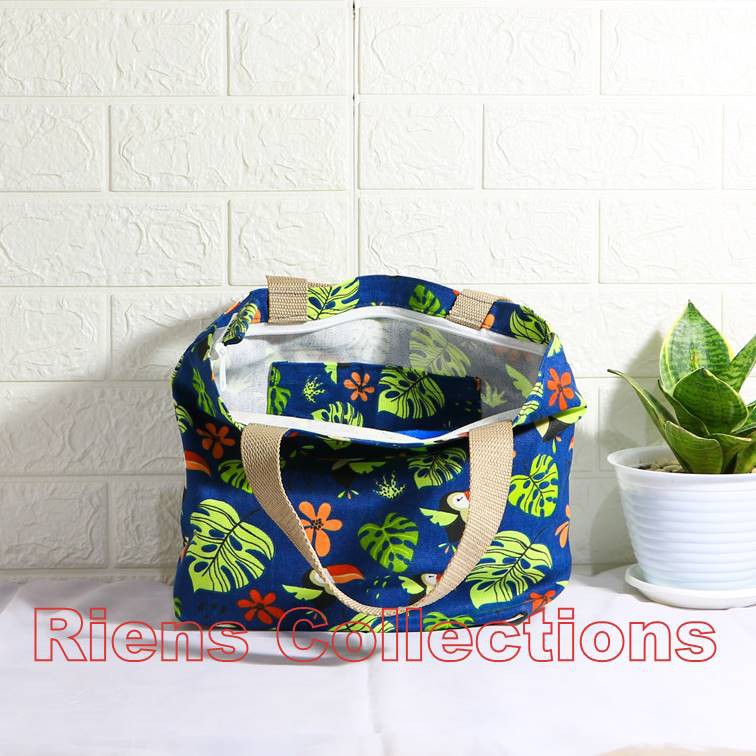 RIENS COLLECTIONS. HANDBAG BESAR BAHAN KANVAS MOTIF BURUNG RONGRANG BIRU