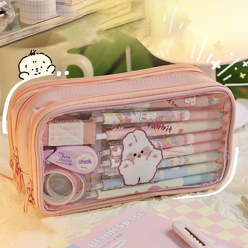 

Cute Pencil Bag Transparent PVC Student Cartoon Pencil Case Large Capacity Kawaii Bag Korean Station