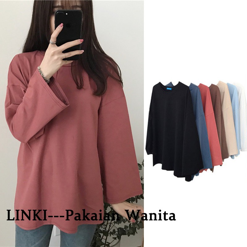 yikoo-Kaos lengan panjang longgar warna solid atasan wanita tshirt t-shirt top