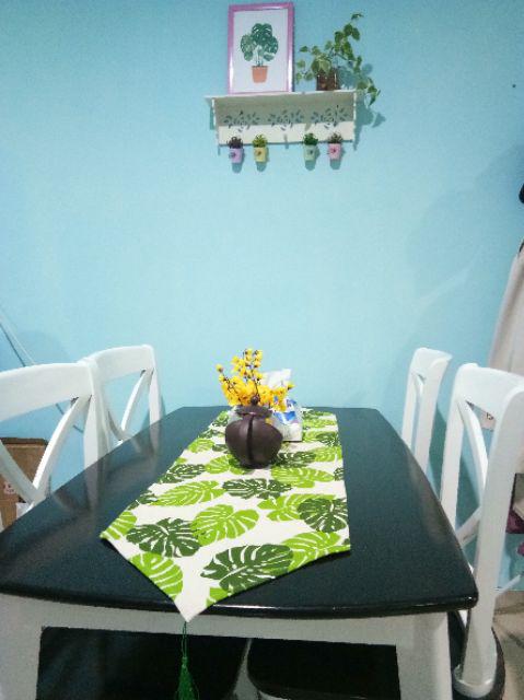 Taplak Meja Tamu Panjang Minimalis Mewah Modern Rumbai Tassel - Motif Daun Monstera