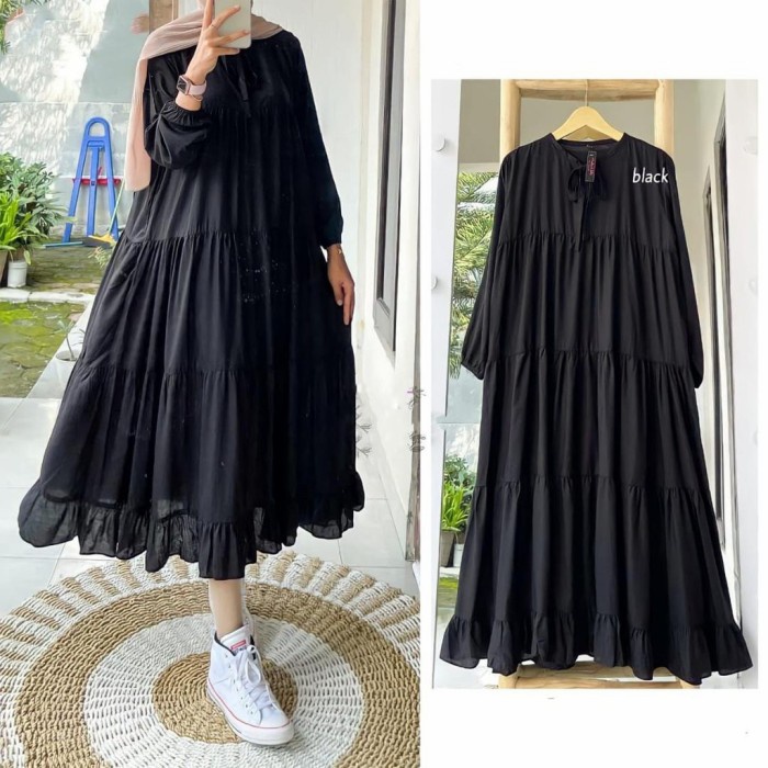 Rachel Midi dress / Midi Dress bahan katun rayon - Hitam(B0W2) MIDI DRESS KOREA TERBARU Midi Dress B