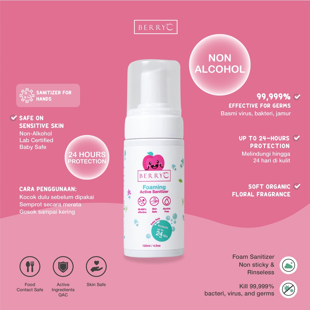 BerryC Active Sanitizer Foam 120ml Natural Food Grade Hand Antiseptik Non Alcohol Alkohol Aman untuk Bayi Lembut Sensitif Kulit Rinseless Soap Sabun Tanpa Bilas Travel Size Mudah Favorit Anak Efektif COVID19 HFMD Flu SIngapore Singapura Impor Perlindungan