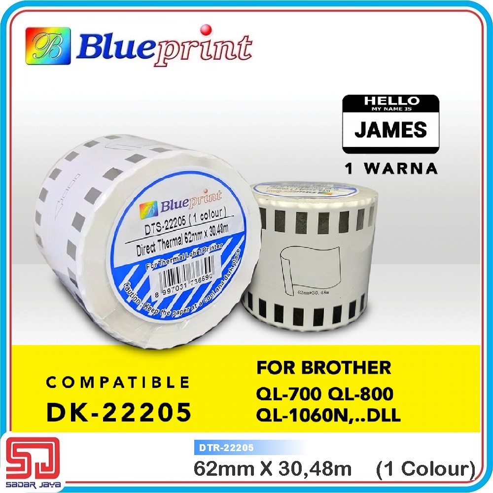 

Continuous Sticker Brother DTS-22205 Blueprint 62 mm 30 meter Stiker Label Barcode DK-22205 1 warna