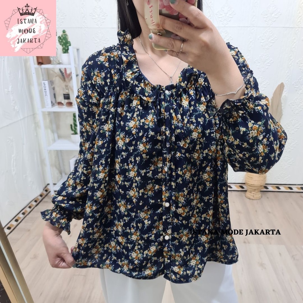 ISTANA MODE JAKARTA Sonya Jumbo baju atasan wanita terbaru blouse korean style blouse wanita lengan panjang-BUNGA NAVY 6