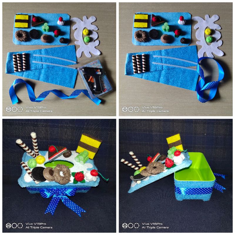Paket DIY Kerajinan Tangan Prakarya Handmade Kotak Tissue Flanel ANEKA KUE HAJANAN PASAR BIRU Karakt