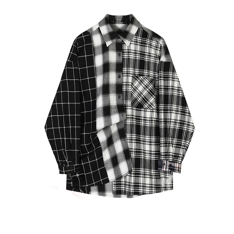 [chaoo.id]Mantel mid-length hitam dan putih colorblock kemeja kotak-kotak Korea