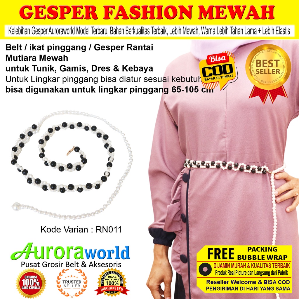 Auroraworld Belt wanita ikat pinggang mutiara Belt wanita gesper rantai mewah untuk dress gamis tunik ikat Pinggang Fashion Terbaru bisa COD RN-1B