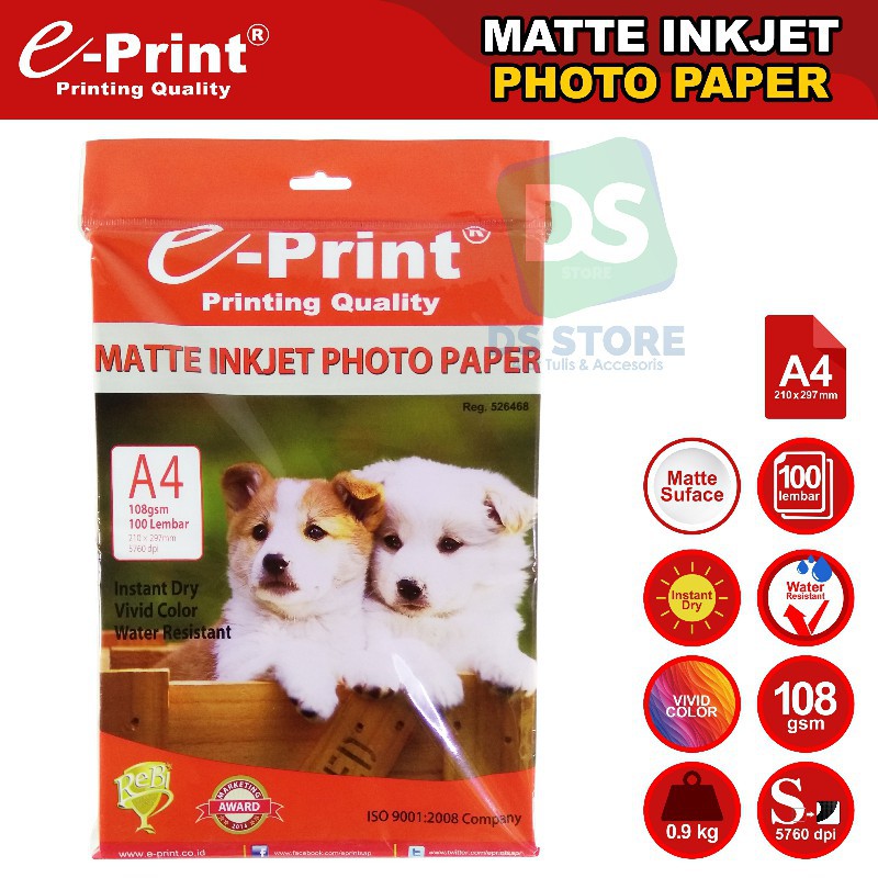 Kertas Foto Matte Inkjet 108 GSM A4 isi 100 Lembar E-PRINT