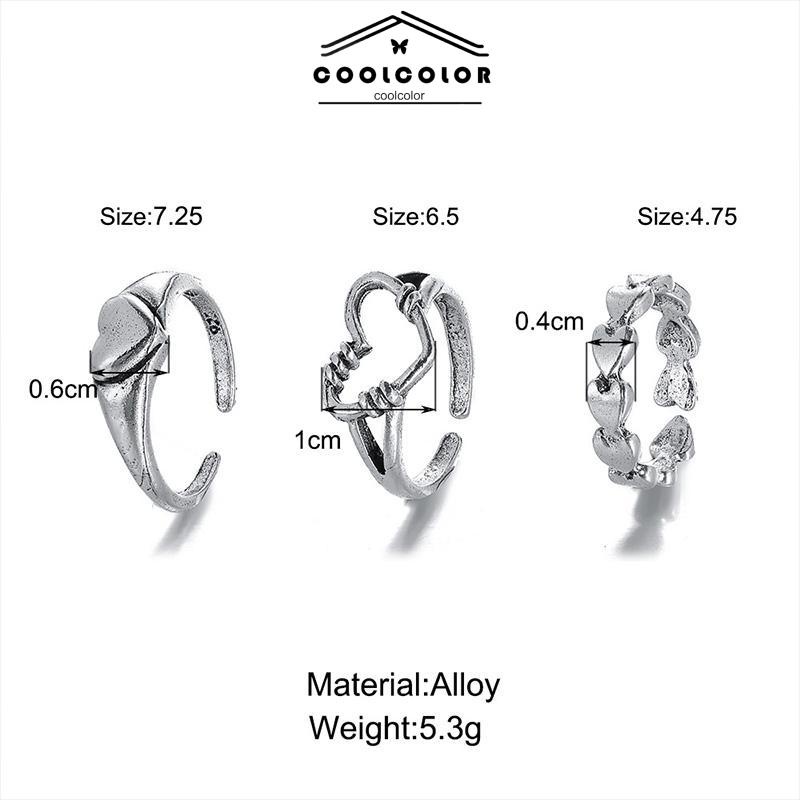 COD❤️3pcs Cincin Model Terbuka Desain Gelombang Hati Warna Silver Gaya Vintage Untuk Wanita- cl