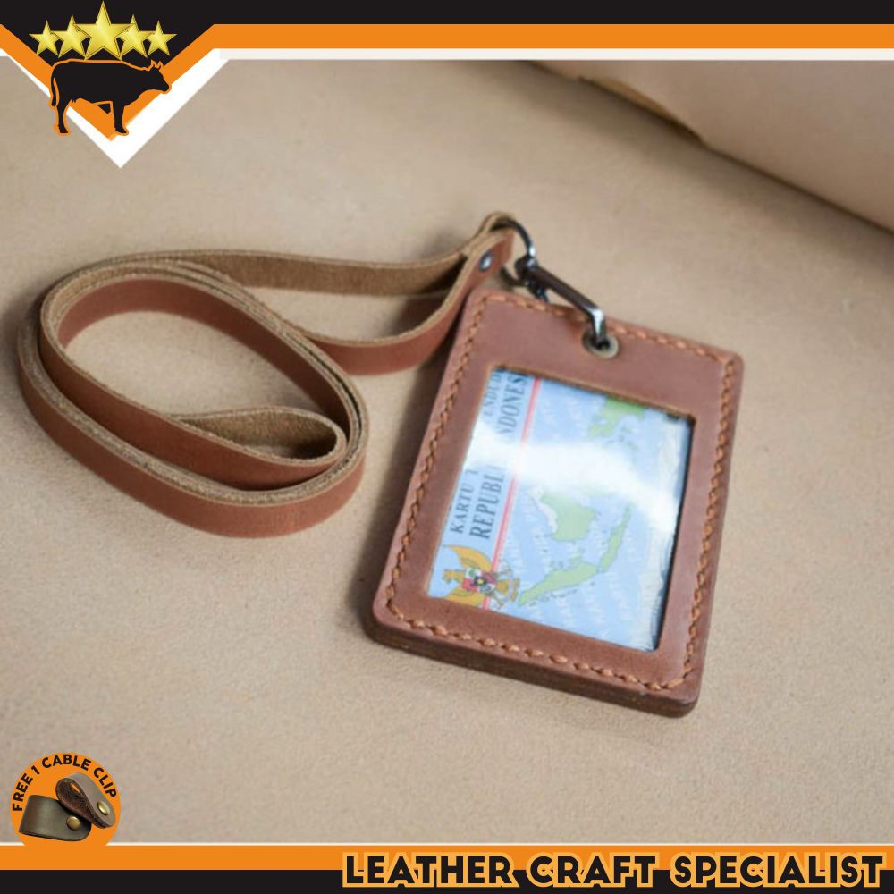 

GANTUNGAN NAME TAG ID CARD KULIT ASLI HANDMADE ORGANIZER CARD HOLDER PROMO FREE CABLE CLIP
