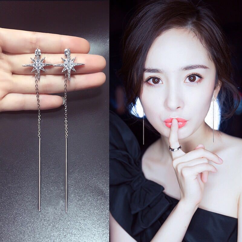 S925 gaya Korea delapan Awning bintang rumbai anting-anting semua yang sesuai dengan produk baru ele