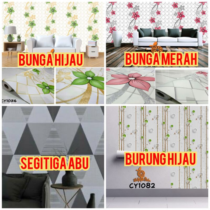 Wallpaper Dinding Burung Hijau Burung ungu Bunga Hijau Bunga Merah 45 cm x 10m