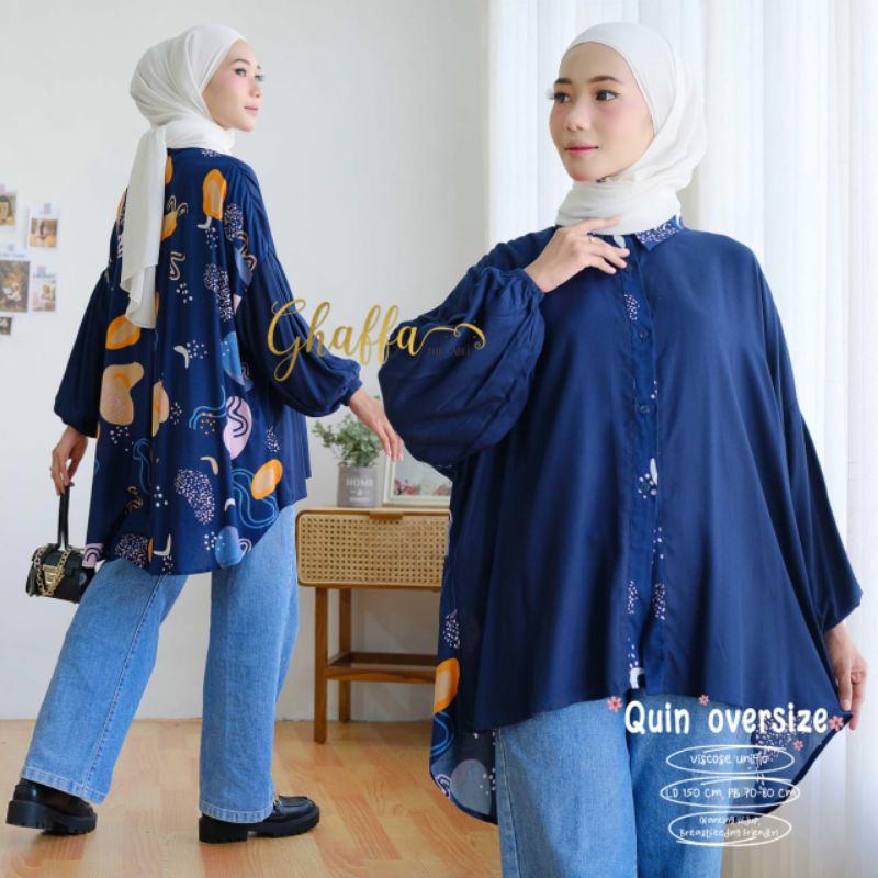 QUIN OVERSIZE BY GHAFFA THE LABEL / BLOUSE MOTIF WANITA MUSLIMAH / Oversize navy kekinian terbaik