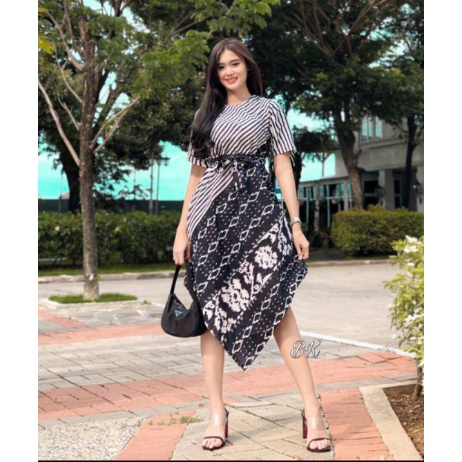 TUNIK BATIK KOMBINASI LANCIP MODERN TERBARU-DRESS LANCIP MOTIF SONGKET TENUN TROSO MIDI DRESS