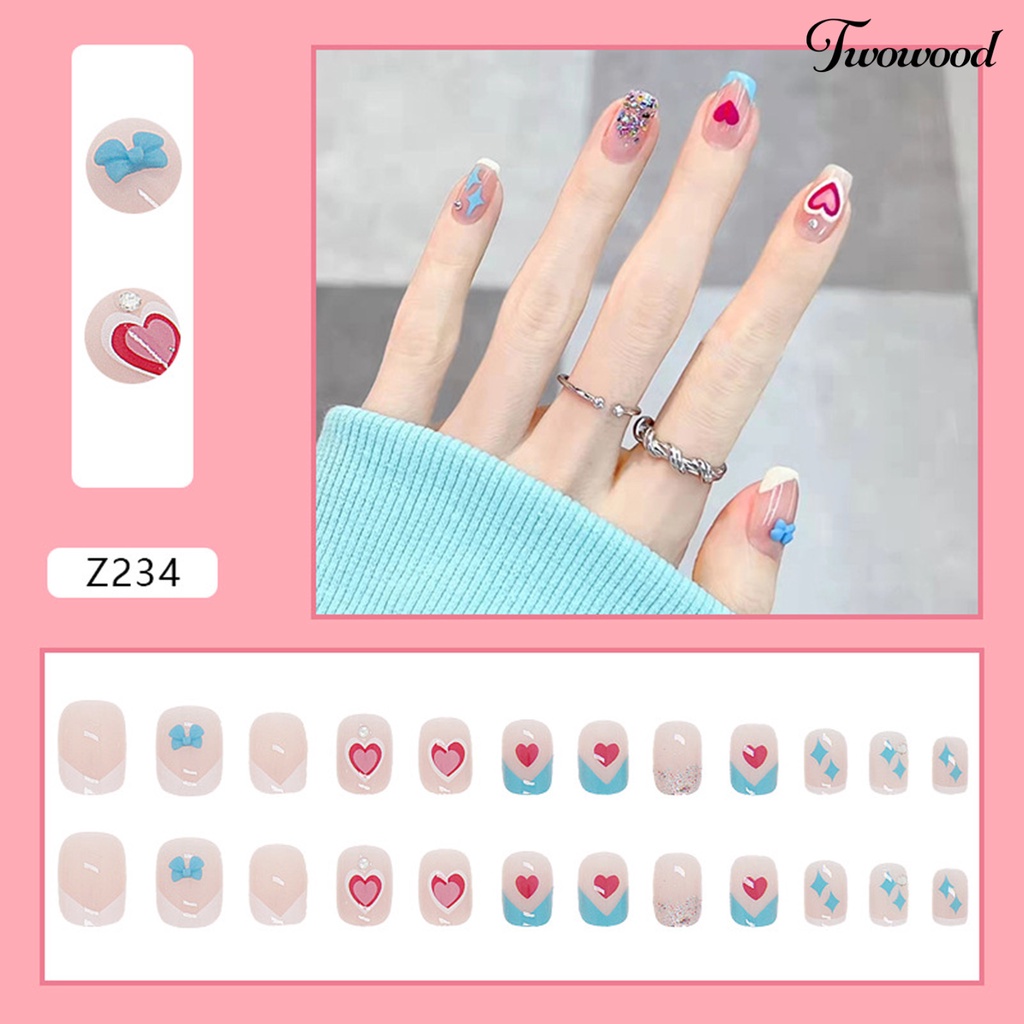 Twowood 24Pcs / Kotak Kuku Palsu Motif Pita Pink Bahan ABS Untuk Pemula