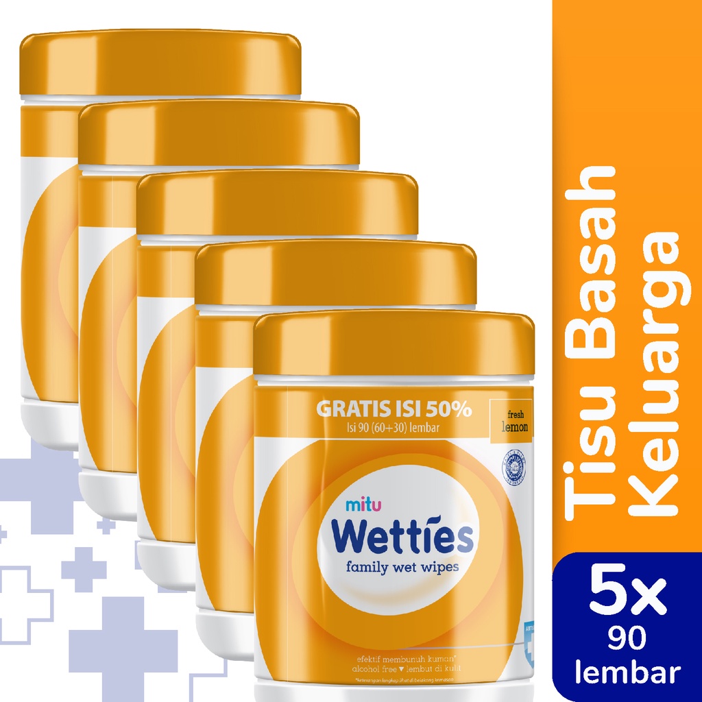 Mitu Wetties Tisu Basah Antiseptic Lemon Bottle 90'S x5 - Tisu Basah Keluarga