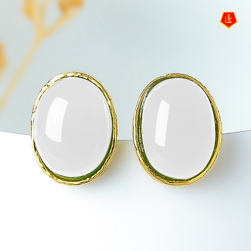 [Ready Stock]Elegant Exquisite 999 Gold Hetian Jade Agate Earrings