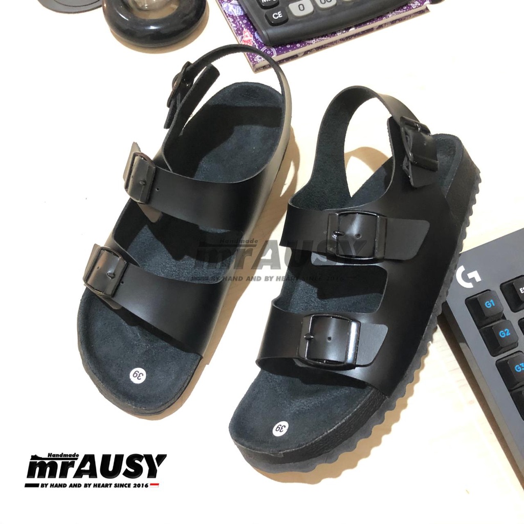 Sandal Wanita Slop Birken Kasual mrAUSY Strap 3 Gesper 3 Besar