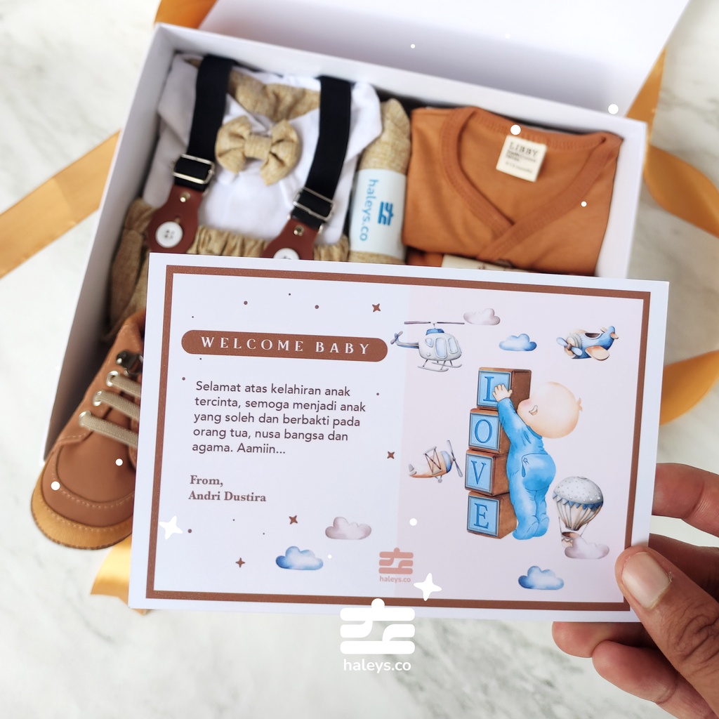 Haleys.co Hampers Bayi Premium | Kado Bayi Newborn | Kado Bayi 6-12 Month | Hampers Baby Boy | Hampers Baby Girl | Gift Box Baby | Paket Kado Baju Bayi Lucu | Kado Lahiran | Set Tuxedo Baby Boy Keren