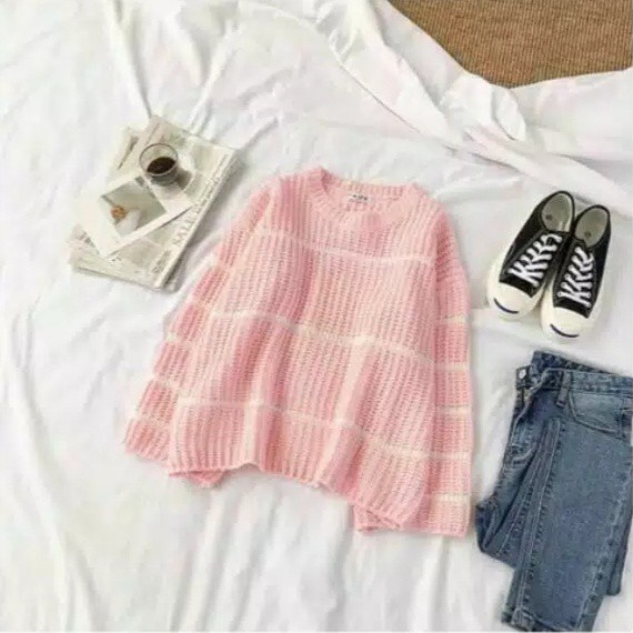 LV PINK SWEET SWEATER RAJUT CV / Outwear Atasan Pakaian Wanita