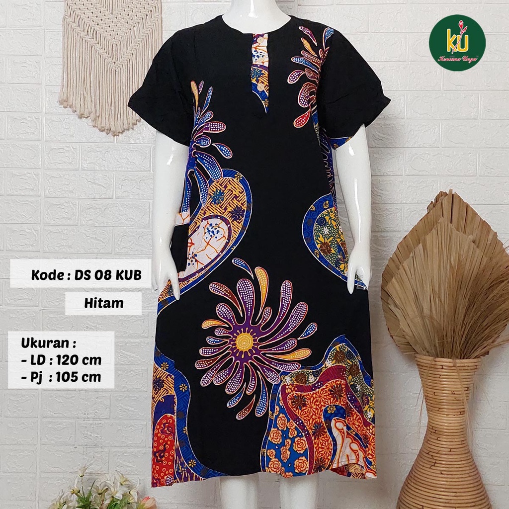 Bisa COD DS08 KUB | Daster Batik Kencana Ungu Asli Label Biru | Baju Santai Tidur Wanita Dewasa Kancing Depan Busui Friendly Motif Terbaru-Hitam E