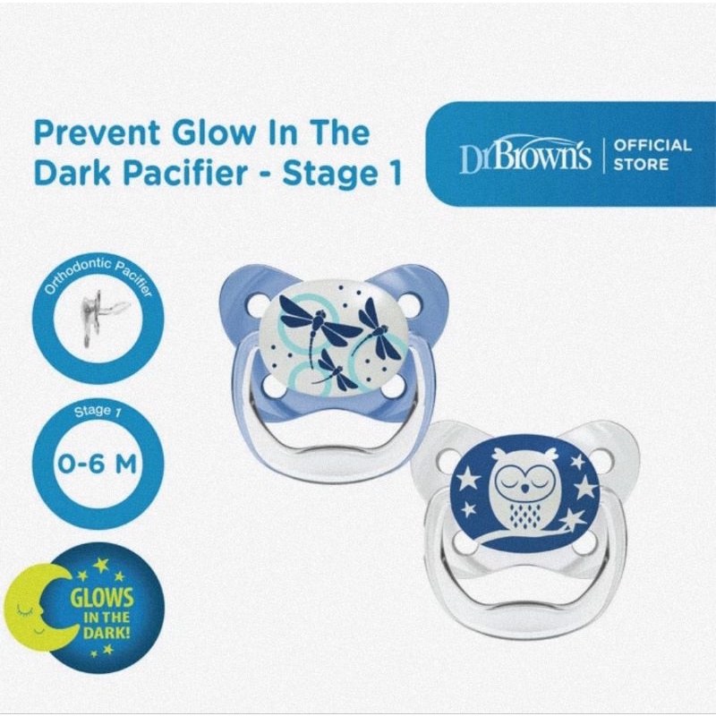 Dr.Brown's Prevent Shield Glow In The Dark Pacifier Stage 1 (0-6 M) - Dot Empeng Bayi