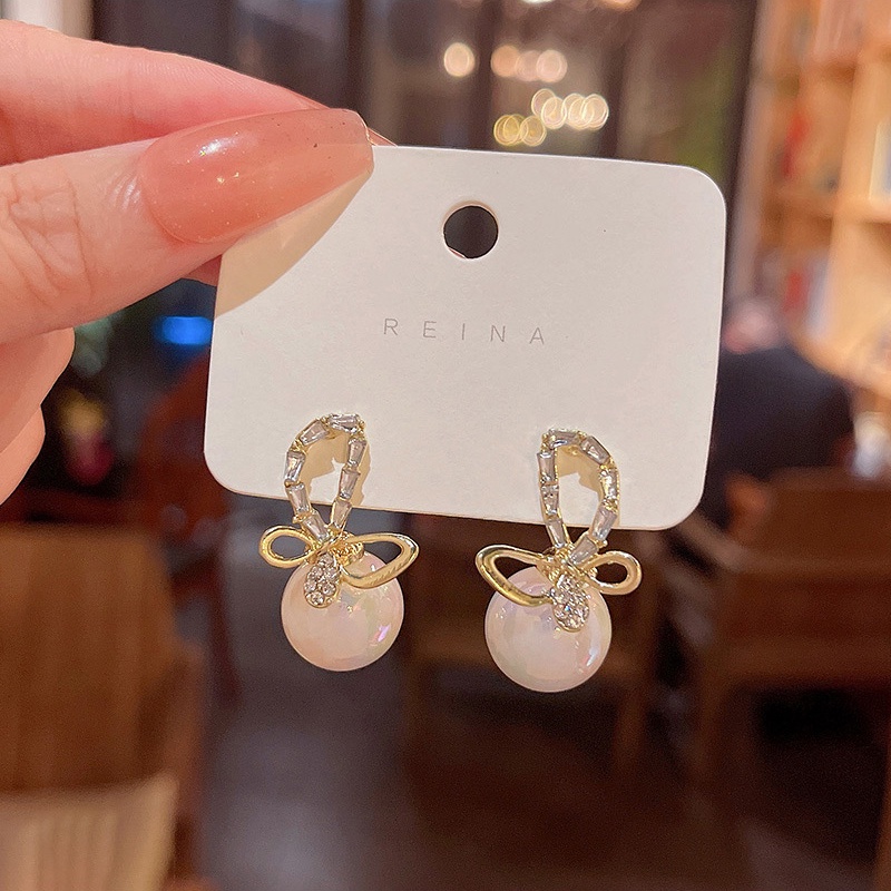 Anting Stud Desain Pita Aksen Mutiara Berlian Imitasi Bahan 925 silver needle