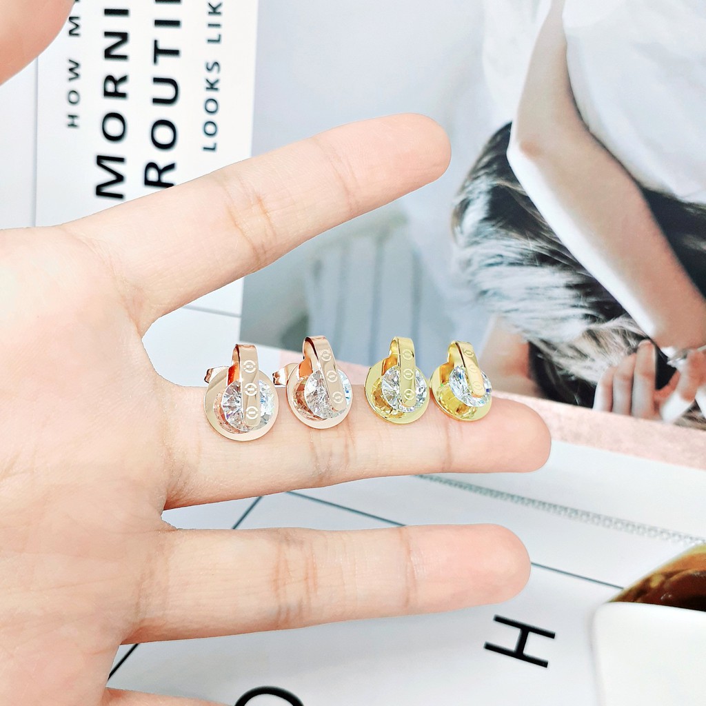 Anting Titanium Korea Kdrama Kpop Tusuk Bulat Hitam Solitaire Rose Gold - BE363