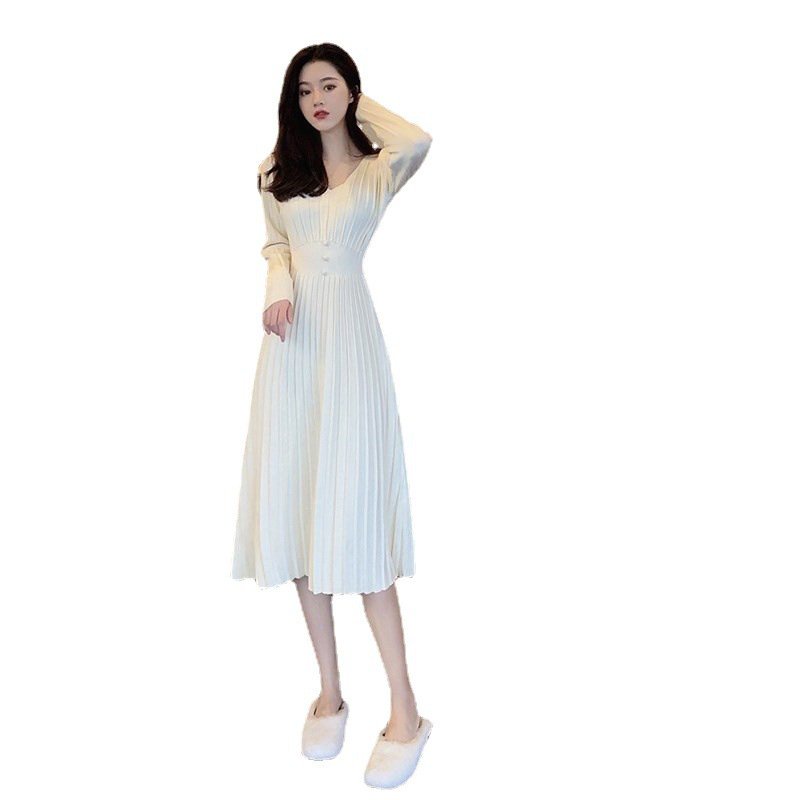 #Sisjuly# Wanita High Waist Dress Baru V-Neck Lengan Panjang Pullover Warna Solid Mid Panjang Rajuta