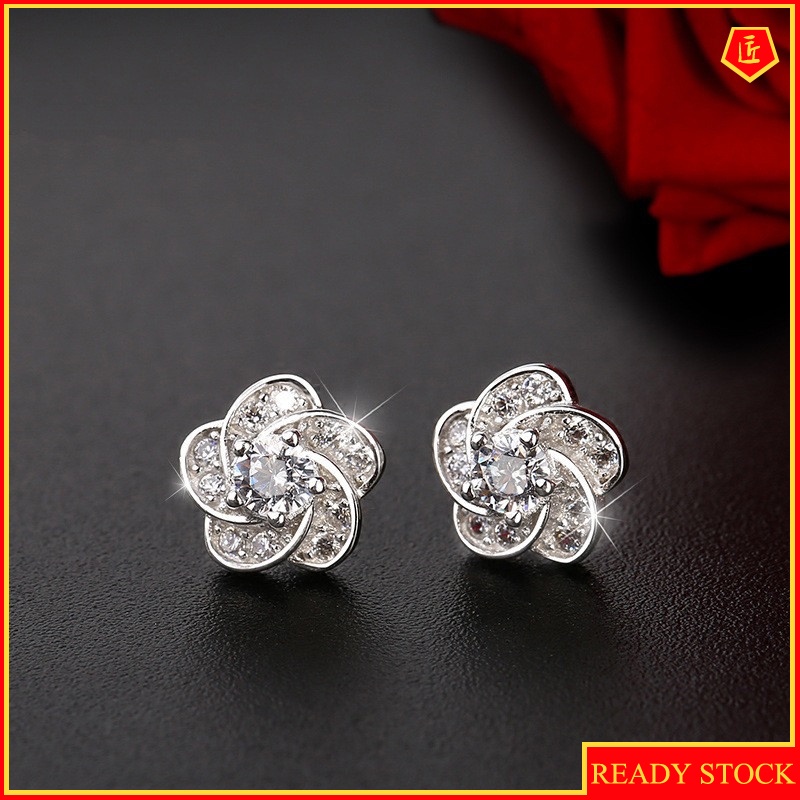 [Ready Stock]925 Silver Diamond Plum Stud Earrings for Women Sweet Elegance