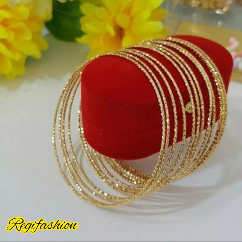 Gelang Keroncong Ukir Lapis Emas 3Pcs/6Pcs Fashion Wanita Anti Karat