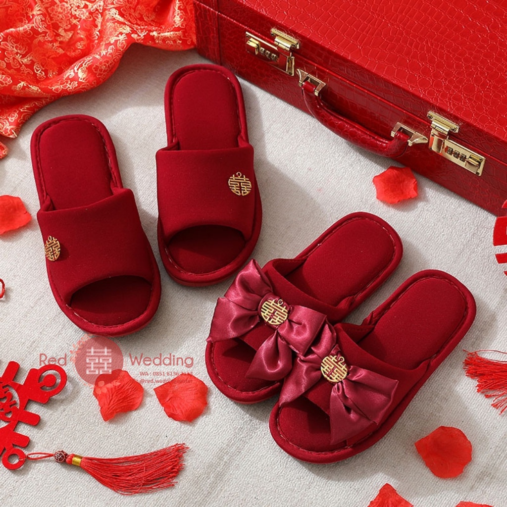 Sandal Maroon Pengatin Groom/Bride Sepatu Wedding Bahan Kain Pita dengan Shuang Xi Sanghi Emas