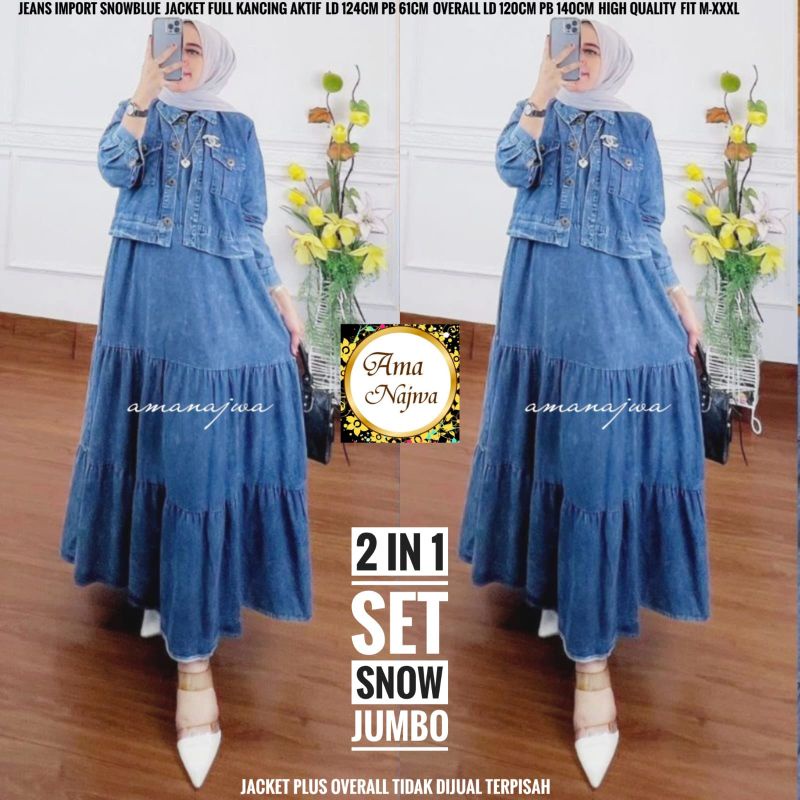 Dua 2 in 1 Setelan Dress Gamis Polos Jeans Susun Rempel Ld 124 Jumbo Fit XXXL By Amj