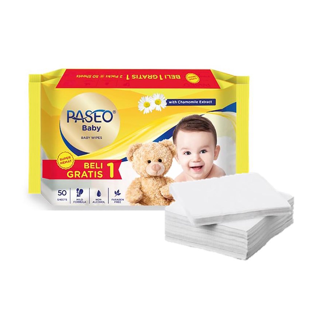 Bisa COD Paseo Baby Tissue Basah Jojoba 50 Sheets + Paseo Tissue Basah Chamomile 50 Sheets (Buy 1 Get 1 FREE)